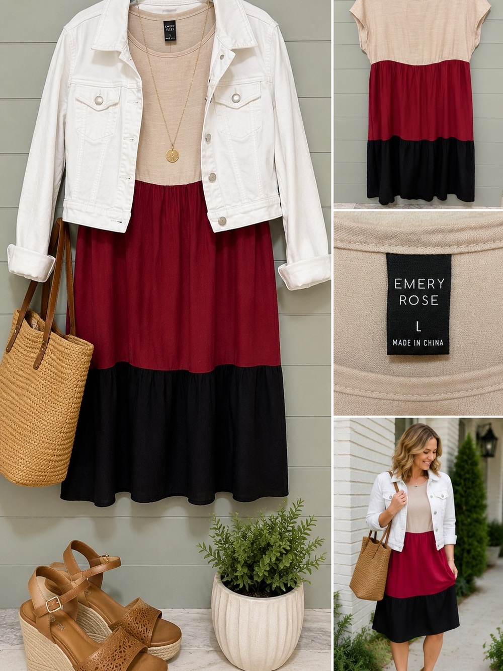 Emery Rose Color Block Tiered Babydoll Dress | Large | Cream Burgundy Black